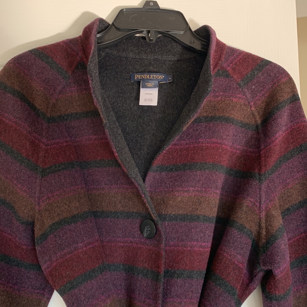 Pendleton soft Wool Wrap Jacket gray black plum stripes Size Large reversible